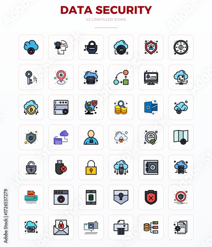 Advanced collection of 42 PIXEL perfect vector icons inspired by Data Security, crafted in LineFill with 128x128 optimization for superior visual performance.