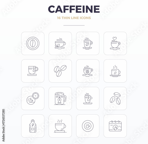 Collection of 16 Thin Outline PIXEL perfect vector icons for Caffeine, designed in 128x128 format for clarity and versatility.