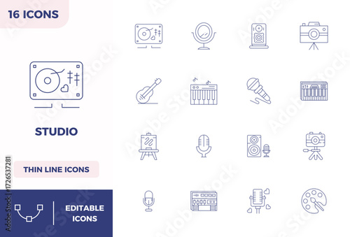Essential pack of 16 PIXEL perfect vector icons for Studio in Minimal Line format, sized at 128x128 for optimal performance and scalability.