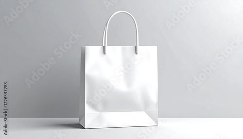 A plain white paper shopping bag with handles sits on a neutral surface against a light gray backdrop