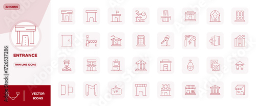 Revolutionary set of 32 PIXEL perfect vector icons inspired by Entrance, created in Thin Line format at 128x128 resolution for cutting-edge design.