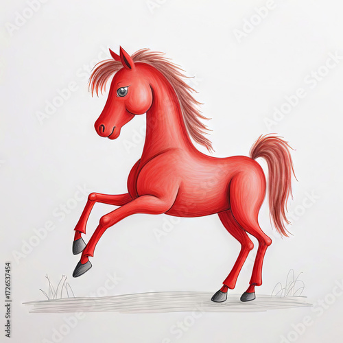 Drawing of a red horse in pencil on a white background