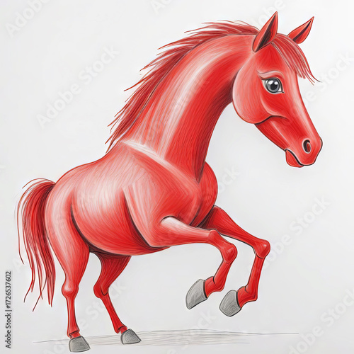Drawing of a red horse in pencil on a white background