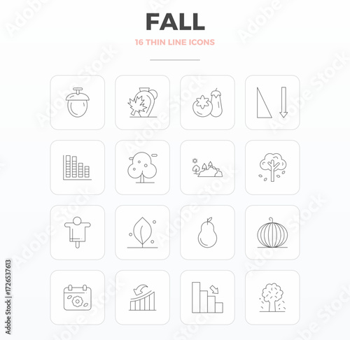 A clean collection of 16 Thin Outline vector icons representing Fall, designed in 128x128 PIXEL perfect format for modern dashboards and interfaces.