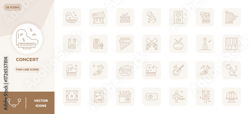 Refined bundle featuring 28 Thin Line vector icons for Concert, optimized with 128x128 PIXEL perfect quality for elegant and functional design solutions.