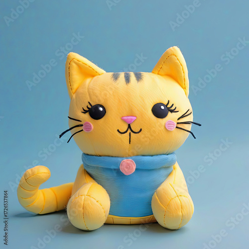Cute yellow cat on a blue background, a hand made stuffed toy 