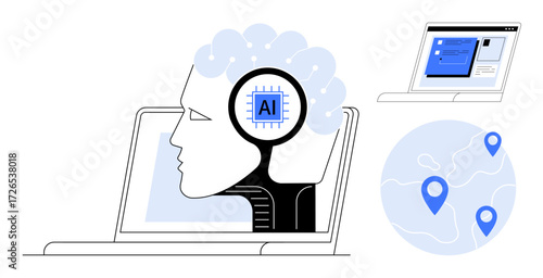Human-thumbs up AI head inside laptop screen, showing global map with marked locations and an open user interface. Ideal for technology, AI development, innovation, connectivity, automation, machine