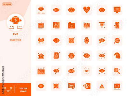 Set of 36 Filled PIXEL perfect vector icons themed around Eye, crafted in 128x128 resolution for seamless integration in apps and websites.