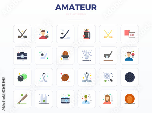 Sophisticated bundle of 24 Minimal Flat vector icons for Amateur, engineered with 128x128 PIXEL perfect clarity for professional applications.