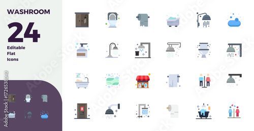 Intelligently designed 24 PIXEL perfect vector icons inspired by Washroom, created in Flat format at 128x128 for smart and efficient design workflows.