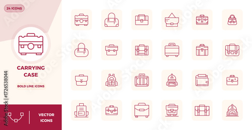 Meticulously crafted 24 Bold Line vector icons for Carrying Case, delivered in 128x128 PIXEL perfect quality for uncompromising design standards.