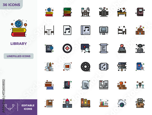 Comprehensive bundle featuring 36 vector icons in Flat Lineal Color design for Library, delivered in crisp 128x128 PIXEL perfect quality.