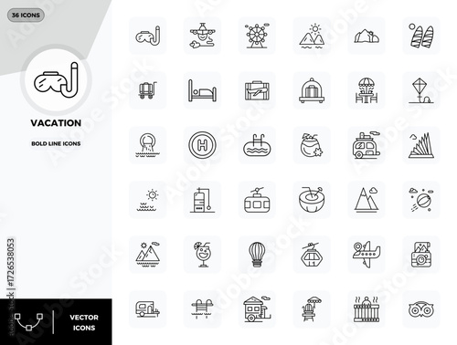 Precision-engineered 36 Bold Line vector icons for Vacation, designed at 128x128 PIXEL perfect resolution for exceptional clarity and scalability.