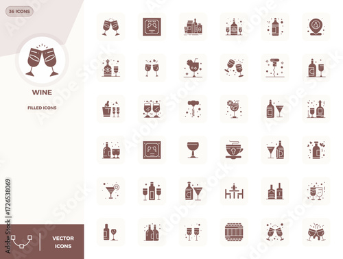 Masterfully created 36 vector icons representing Wine in Filled design, featuring 128x128 PIXEL perfect resolution for exceptional visual quality.