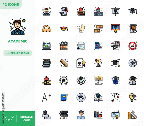 Comprehensive toolkit of 42 vector icons themed around Academic, developed in Flat Lineal Color with 128x128 PIXEL perfect precision for versatile design applications.