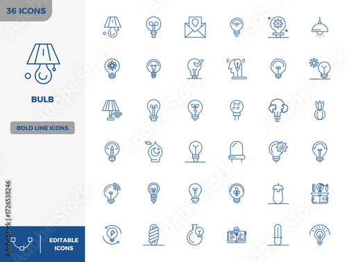 Carefully curated 36 Heavy Line vector icons for Bulb, featuring 128x128 PIXEL perfect resolution for consistent brand representation and user experience.
