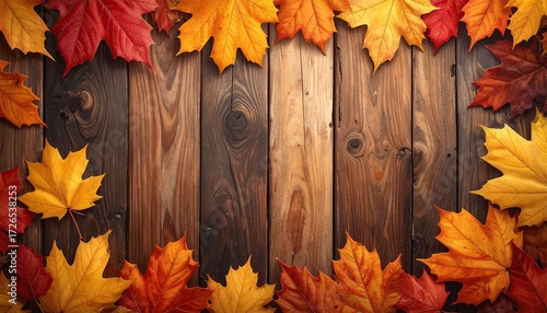 Autumn leaves frame a rustic wooden plank background