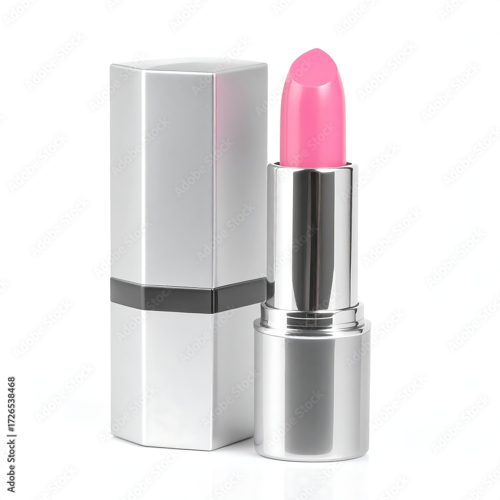 Obraz premium A silver lipstick tube with a light pink lipstick and a matching hexagonal case, isolated on a white background