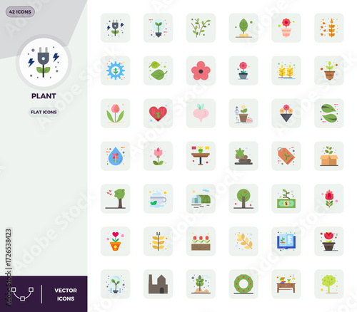 This Plant vector icon pack includes 42 Flat designs in 128x128 PIXEL perfect format, perfect for enhancing digital interfaces.