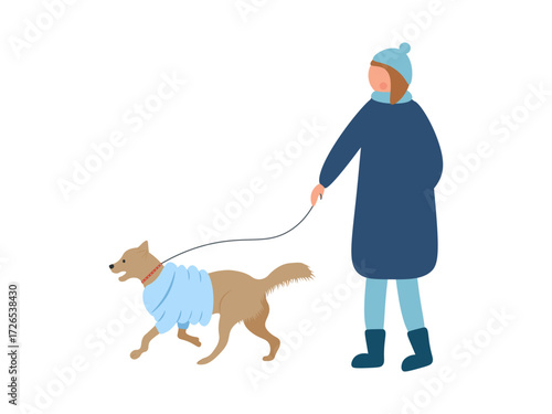 Vector illustration of winter walks,  woman walking  dog. Winter time, warm clothes. Brown and blue colors. Flat design. Isolated on  white background.