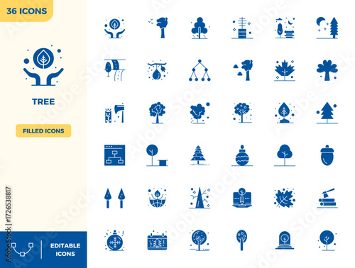 Handcrafted collection featuring 36 Filled vector icons for Tree, optimized in 128x128 PIXEL perfect resolution for premium digital experiences.