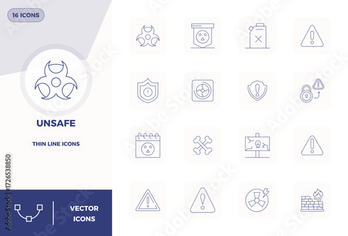 Professional-grade collection of 16 Thin Line vector icons representing Unsafe, crafted with 128x128 PIXEL perfect precision for enterprise applications.