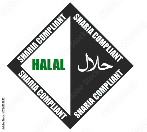 Text design featuring Sharia Compliant and Halal in both Arabic and English, symbolizing Islamic finance, halal certification, faith, culture, business, and global trade concepts.