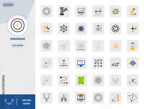 Vector pack with 36 Flat PIXEL perfect icons inspired by Diagram, delivered in 128x128 resolution ideal for scalable and creative design work.