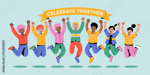 Diverse group of people jumping with excitement and a celebratory banner