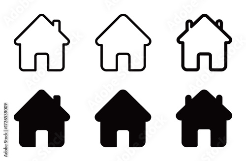 Various styles of home and house icons in black and white outline and solid formats, representing real estate, architecture, residency, navigation, and domestic life concepts.