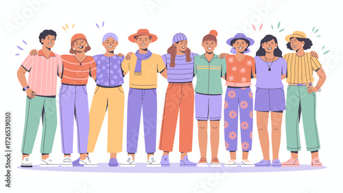 Diverse group of friends standing together arms linked in solidarity