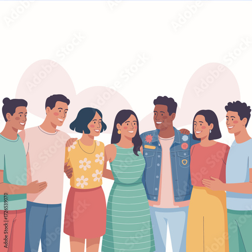 A diverse group of young adults smiling together in a friendly pose