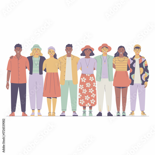 A diverse group of people standing closely together in stylish outfits