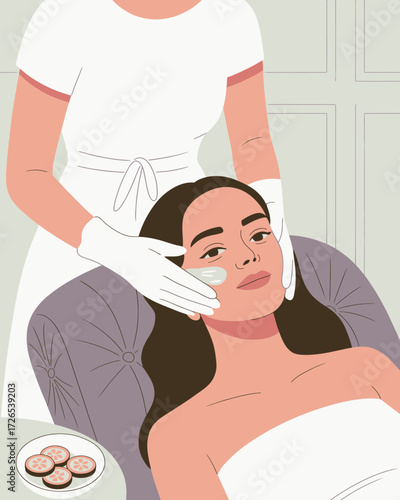 Woman receiving a facial treatment with cucumber slices in a spa setting