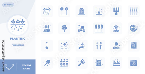 Precision-engineered 24 Filled vector icons for Planting, designed at 128x128 PIXEL perfect resolution for exceptional clarity and scalability.