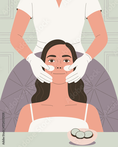 Woman receiving a facial treatment with cucumber slices at a spa