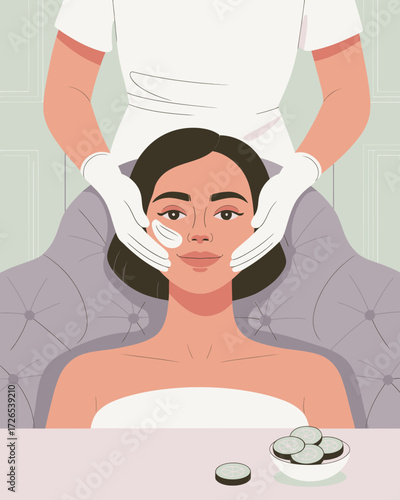 Woman receiving facial treatment with cucumber slices at a spa