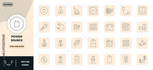 Strategic bundle featuring 28 vector icons representing Power Source in Thin Line format, optimized with 128x128 PIXEL perfect quality for professional workflows.