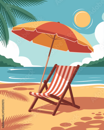 A peaceful beach scene with a striped chair and red umbrella