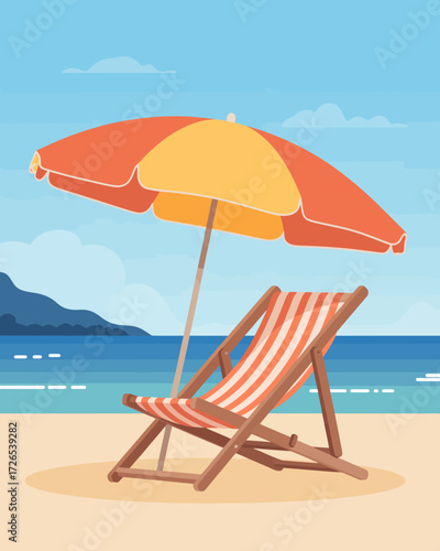 A peaceful beach scene with a striped chair and colorful umbrella