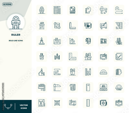 State-of-the-art bundle featuring 42 PIXEL perfect vector icons inspired by Ruler, created in Bold Line format at 128x128 for next-generation interfaces.