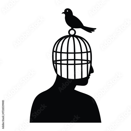 Birdcage head silhouette with bird black