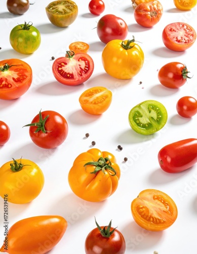 Colorful tomatoes arranged on a white background (1)