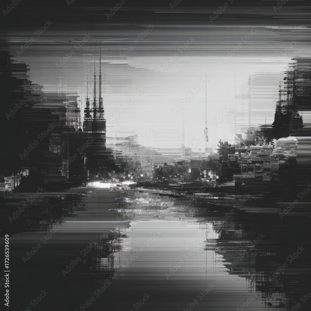 Fototapeta premium Distorted cityscape view, grayscale, urban canal