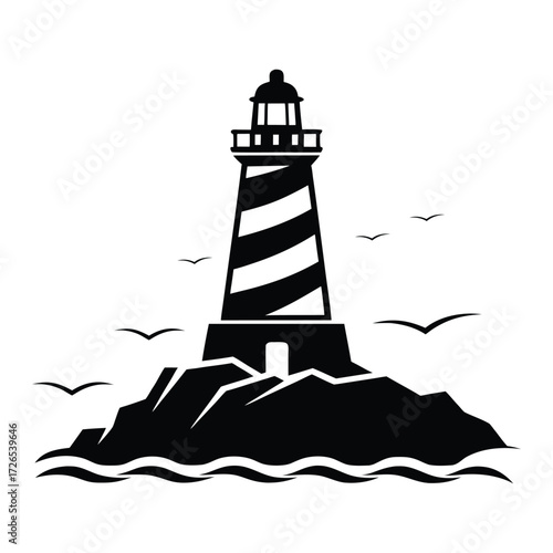 Black lighthouse on rocky island with birds flying
