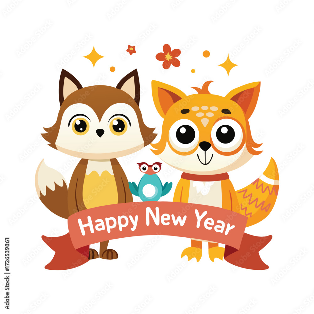 Fototapeta premium Cartoon foxes and bird with happy new year banner illustration
