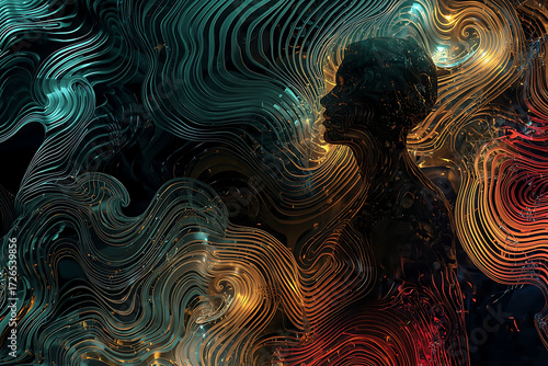 A thoughtful, stressed, and despaired man’s silhouette merges with vibrant, abstract glass patterns, reflecting inner turmoil, emotional depth, and mental struggle. AI-generated