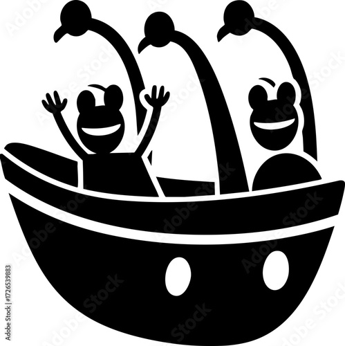 Cartoon illustration of two smiling frog characters enjoying ride in boat with raised arms, conveying excitement and joy. simple, playful design features bold outlines and minimal details