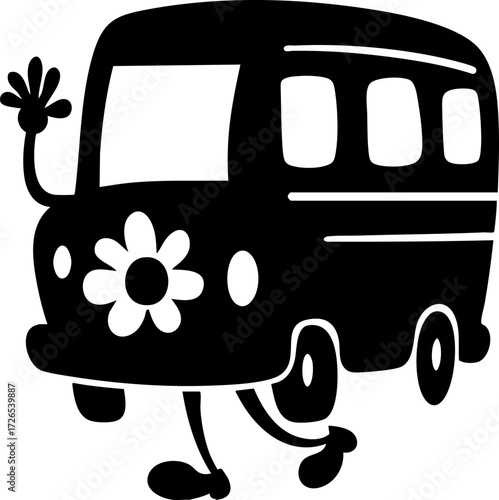 Cheerful cartoon van with flower design and waving arms exudes playful vibe. simplistic black silhouette style adds retro touch, reminiscent of classic animated characters