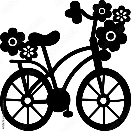 Decorative bicycle silhouette adorned with flowers, showcasing whimsical and artistic design. image features floral elements integrated into bicycle frame and wheels, creating charming and playful